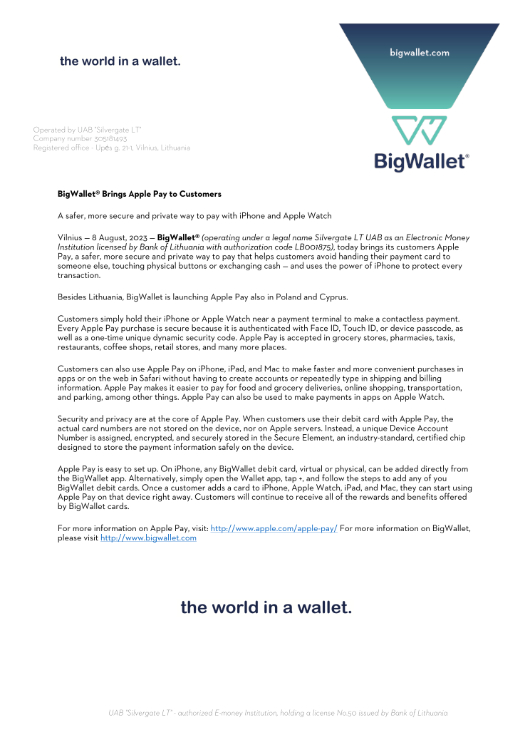 BigWallet® Brings Apple Pay to Customers